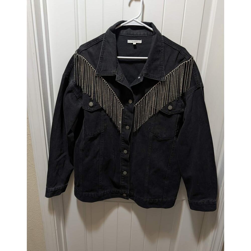 Veveret Black Denim Jean Jacket With Rhinestone Fringe Size L Western Cowgirl - Picture 2 of 10